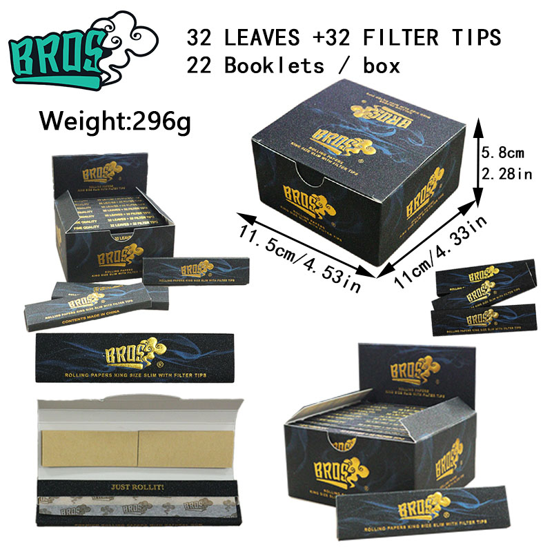 BROS 32L+32T Rolling Paper Booklet – 22 Booklets/Display Box, Gold Hot Stamping